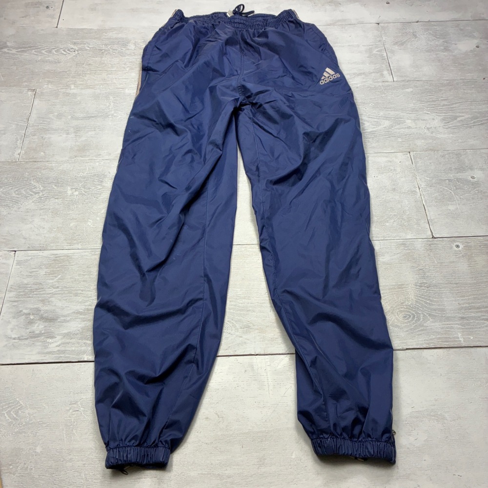 Adidas Windbreaker Track Pants Mens L Navy Blue Tan Stripe Zip Ankle Joggers